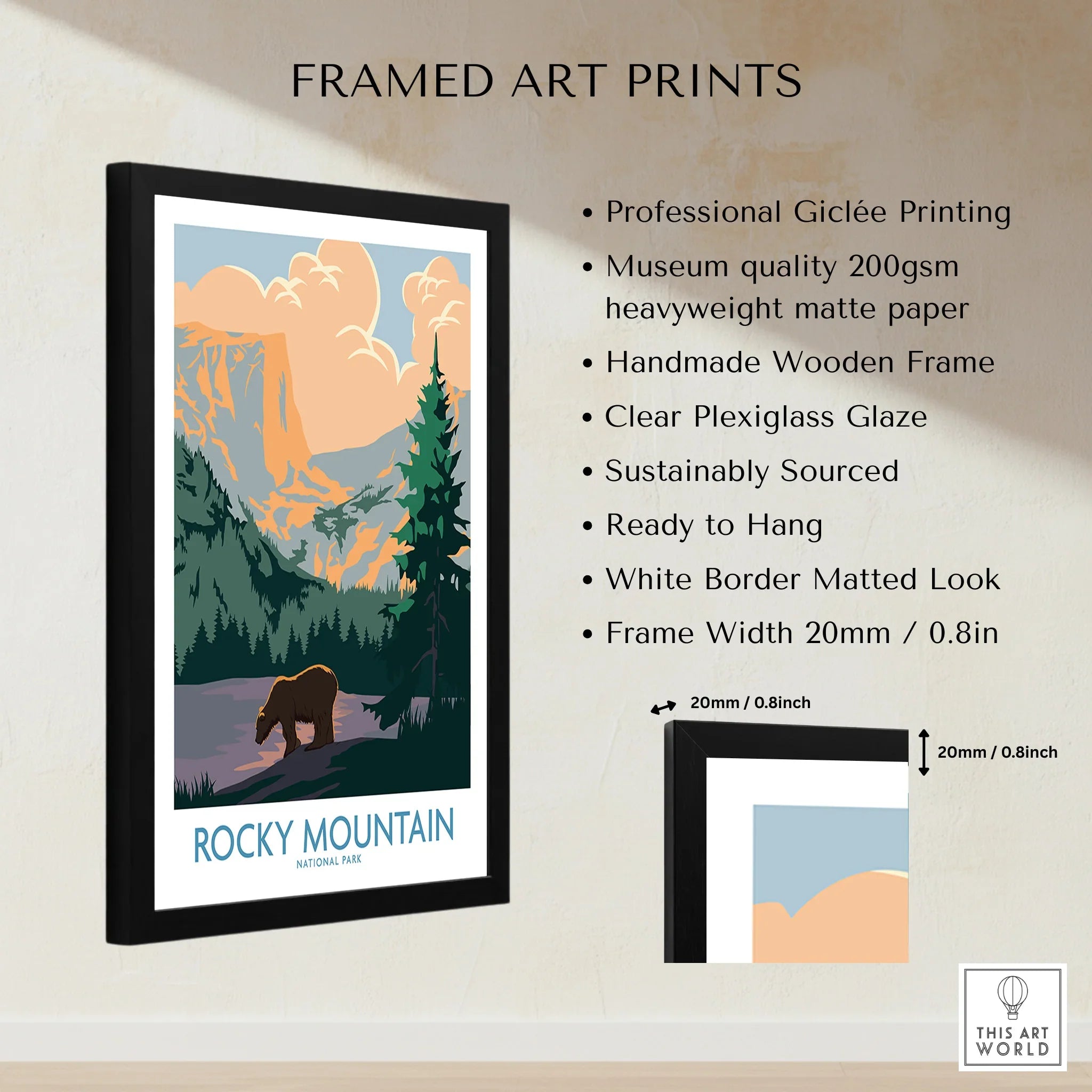 Framed Rocky Mountain National Park art print with bear, pine trees, and sunrise in black frame