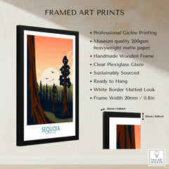 Framed Sequoia National Park art print with sunset forest illustration, wooden frame, and size details.