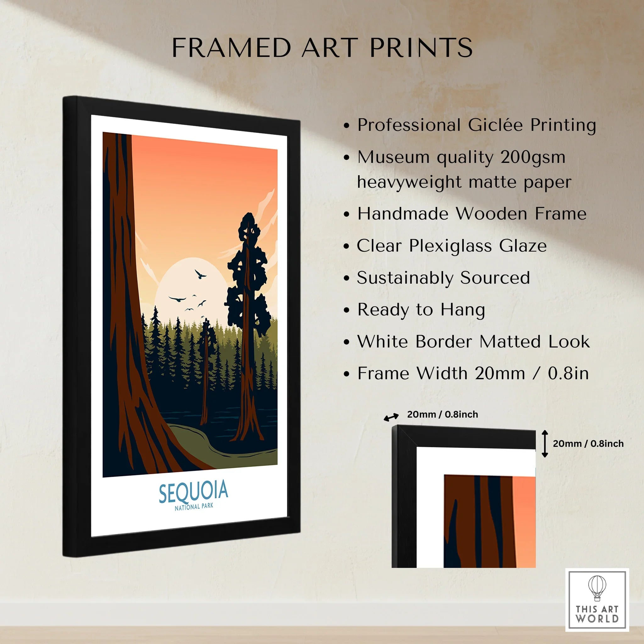 Framed Sequoia National Park art print with sunset forest illustration, wooden frame, and size details.