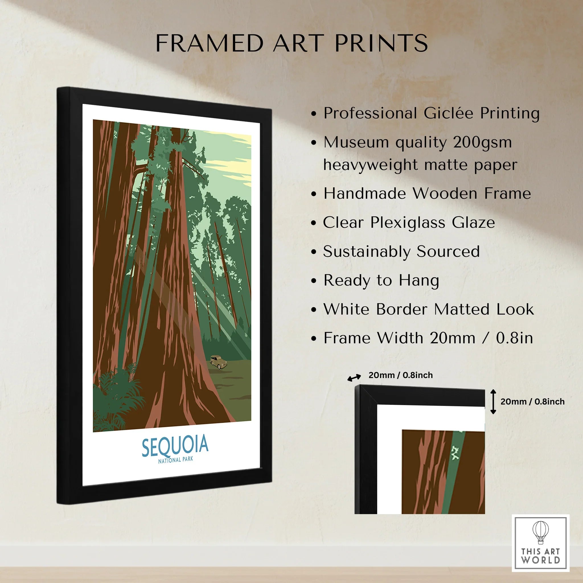 Framed Sequoia National Park art print with wooden frame and museum quality matte paper.