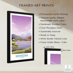 Framed Snowdonia National Park art print with black wooden frame, wall decor, print details