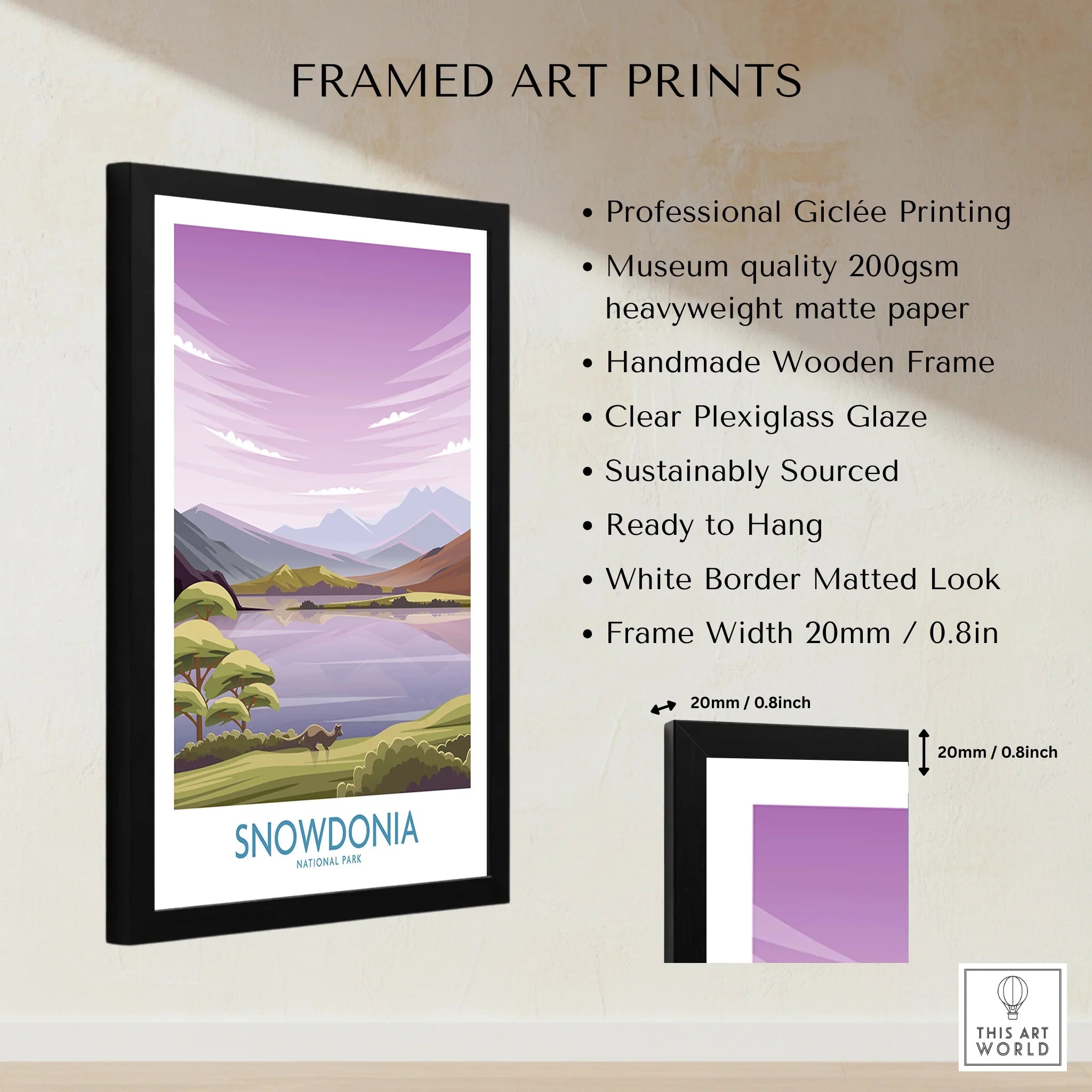 Framed Snowdonia National Park art print with black wooden frame, wall decor, print details
