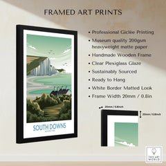 Framed South Downs National Park travel poster print with white border and black wooden frame