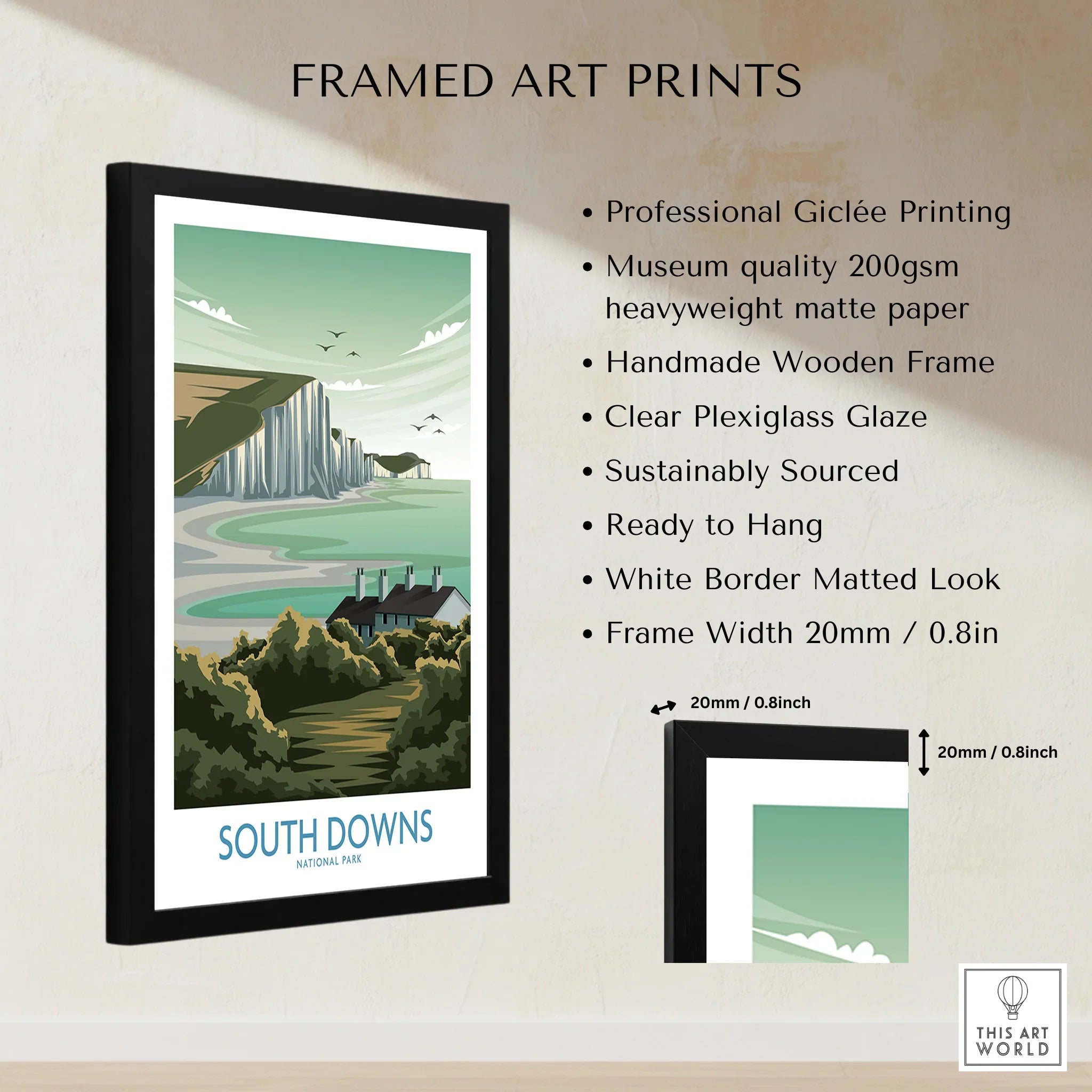 Framed South Downs National Park travel poster print with white border and black wooden frame