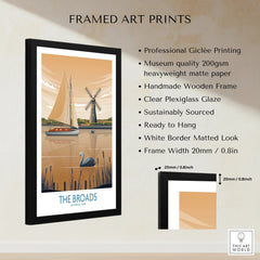 Framed art print of The Broads National Park with boat, swan, and windmill, giclée quality