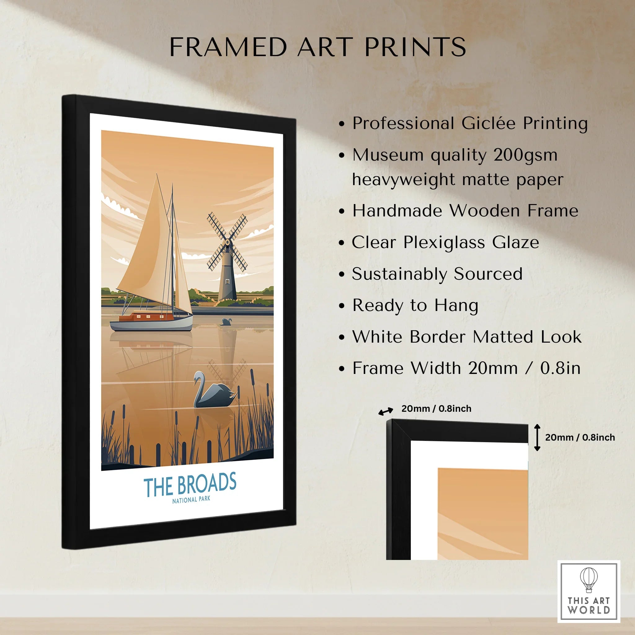 Framed art print of The Broads National Park with boat, swan, and windmill, giclée quality