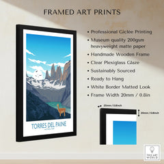 Framed Torres del Paine National Park print with mountain landscape and quality details