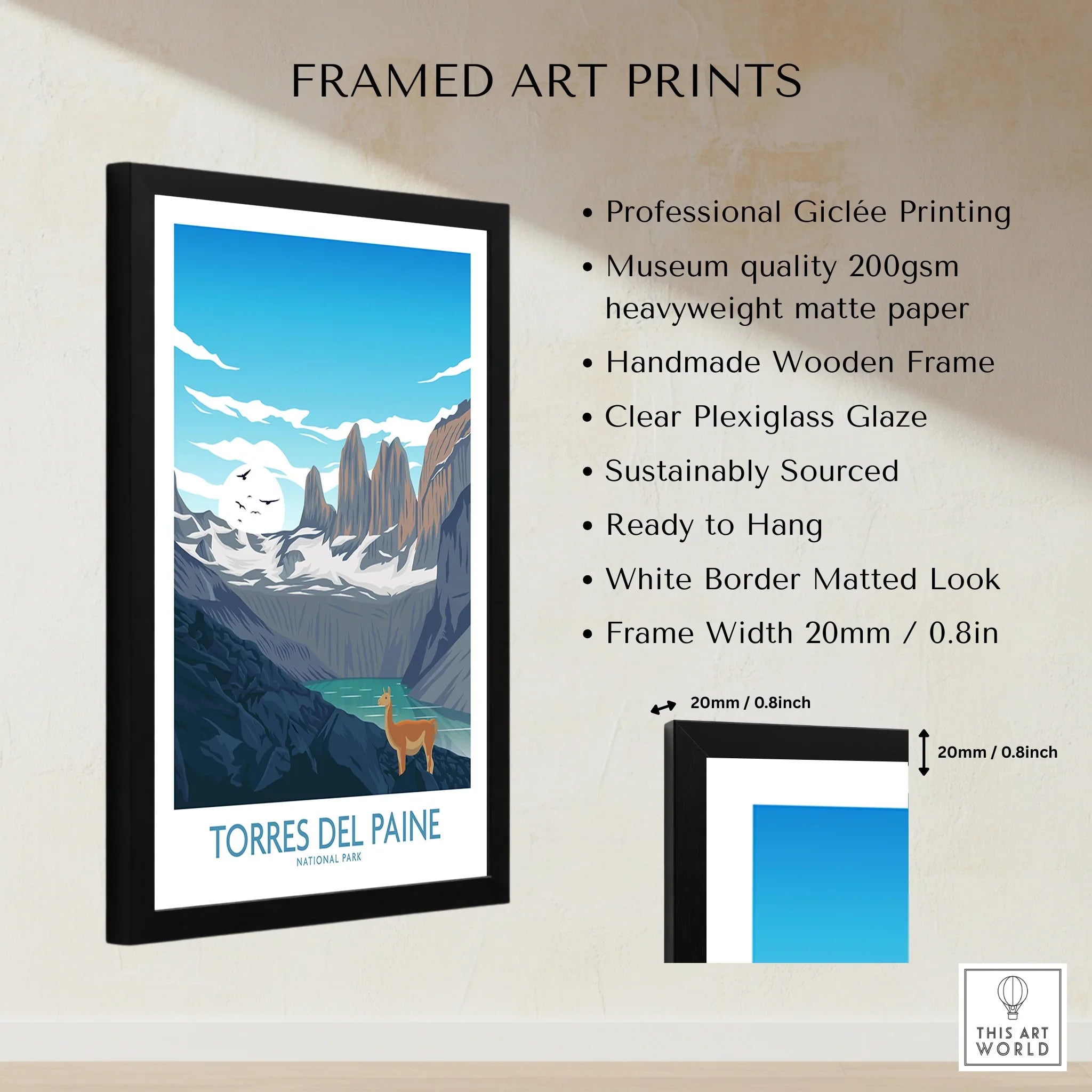 Framed Torres del Paine National Park print with mountain landscape and quality details