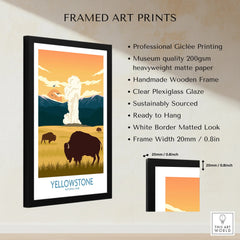 Framed Yellowstone National Park art print with bison, geyser, and mountains, matte paper