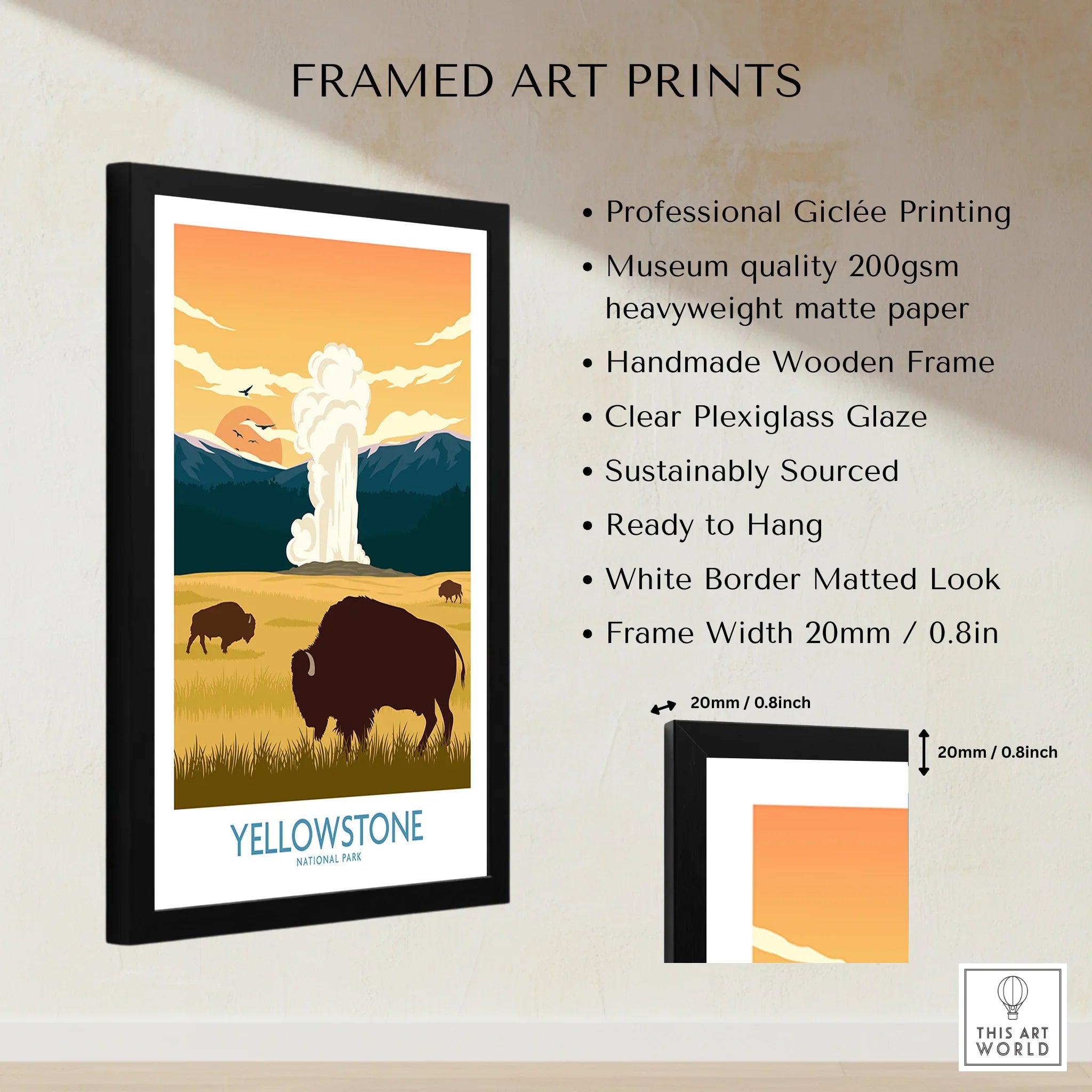 Framed Yellowstone National Park art print with bison, geyser, and mountains, matte paper