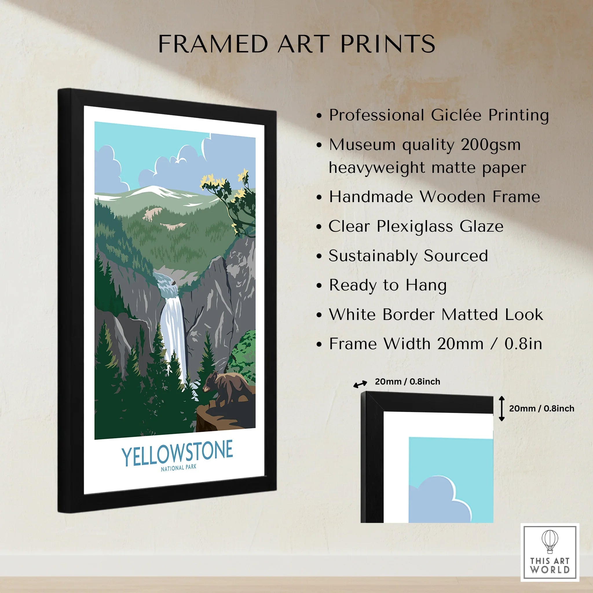 Framed Yellowstone National Park art print with waterfall, bear, and forest, shown with product features.