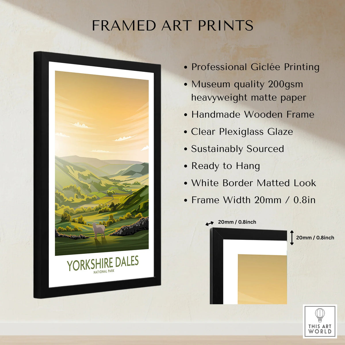 Framed Yorkshire Dales National Park art print with landscape illustration and product details.