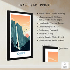 Framed Yosemite National Park print with sunset, waterfall, and hiker, beside product details.