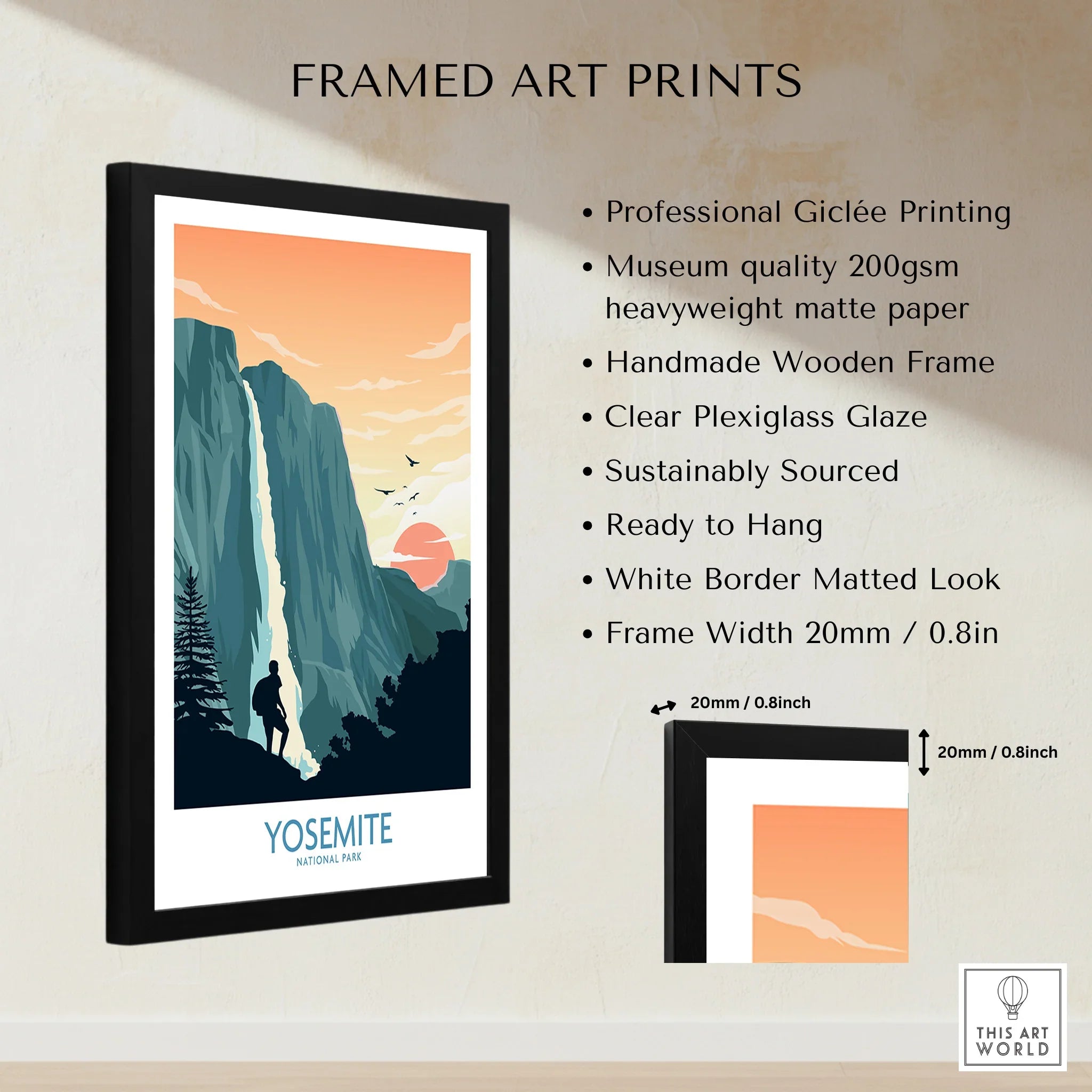 Framed Yosemite National Park print with sunset, waterfall, and hiker, beside product details.