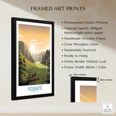 Framed Yosemite National Park art print with deer, sunrise, mountains, and feature details