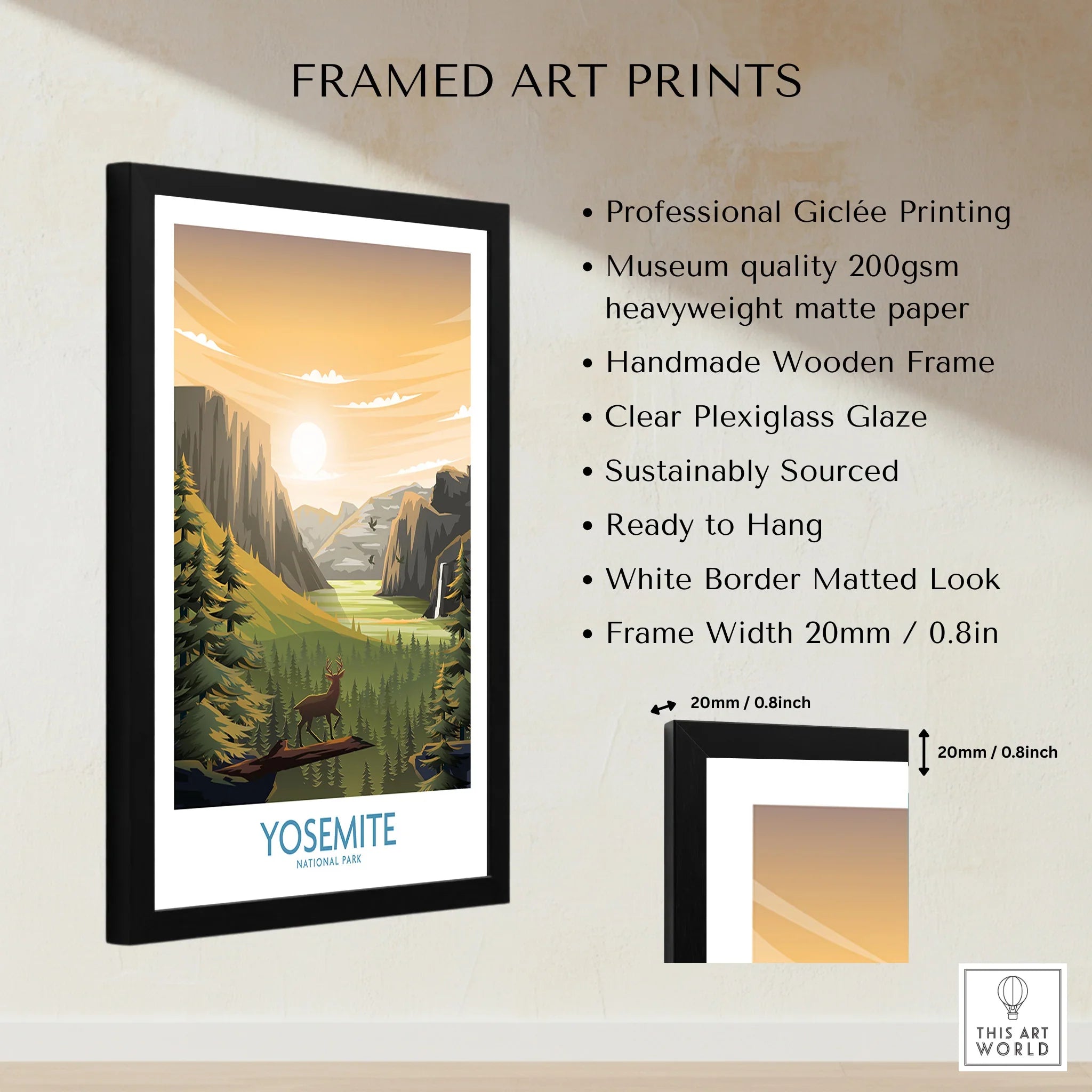 Framed Yosemite National Park art print with deer, sunrise, mountains, and feature details