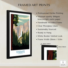 Framed Yosemite National Park art print with illustrated mountains, trees, and waterfall details