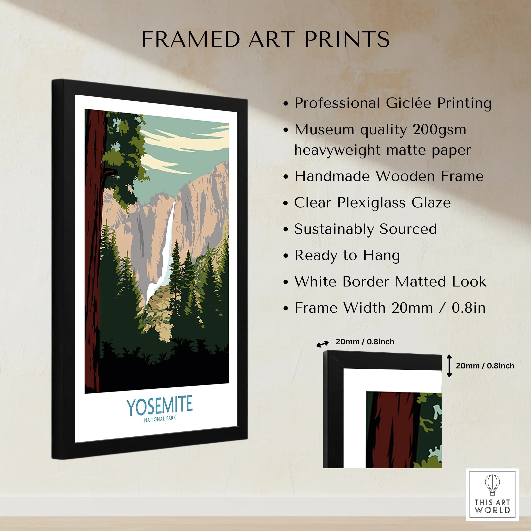 Framed Yosemite National Park art print with illustrated mountains, trees, and waterfall details