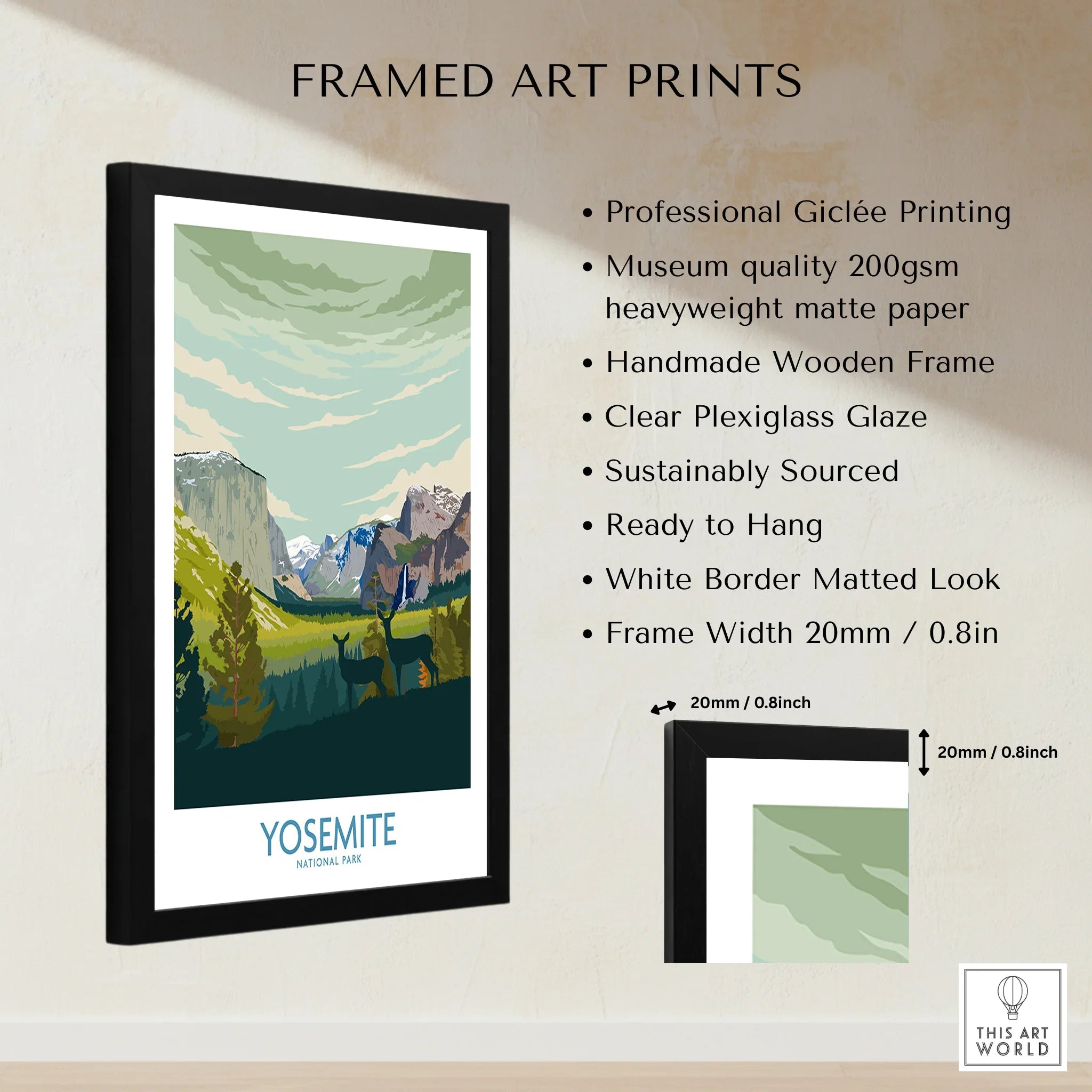 Framed Yosemite National Park art print with wooden frame, matted border, wall decor