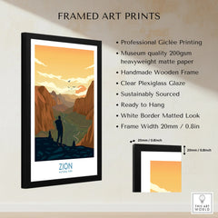 Framed Zion National Park art print with sunset, silhouetted hiker, and product details.