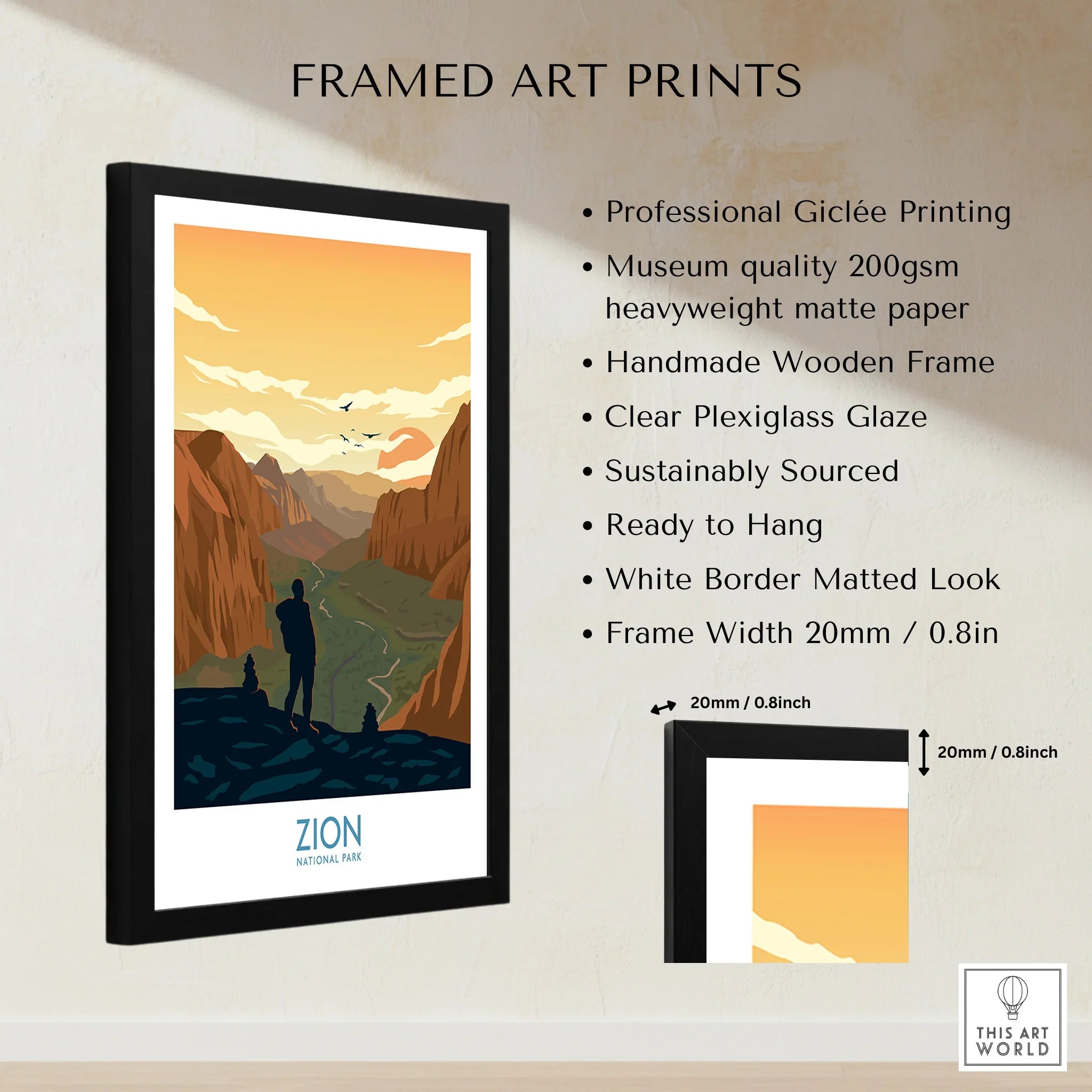 Framed Zion National Park art print with sunset, silhouetted hiker, and product details.