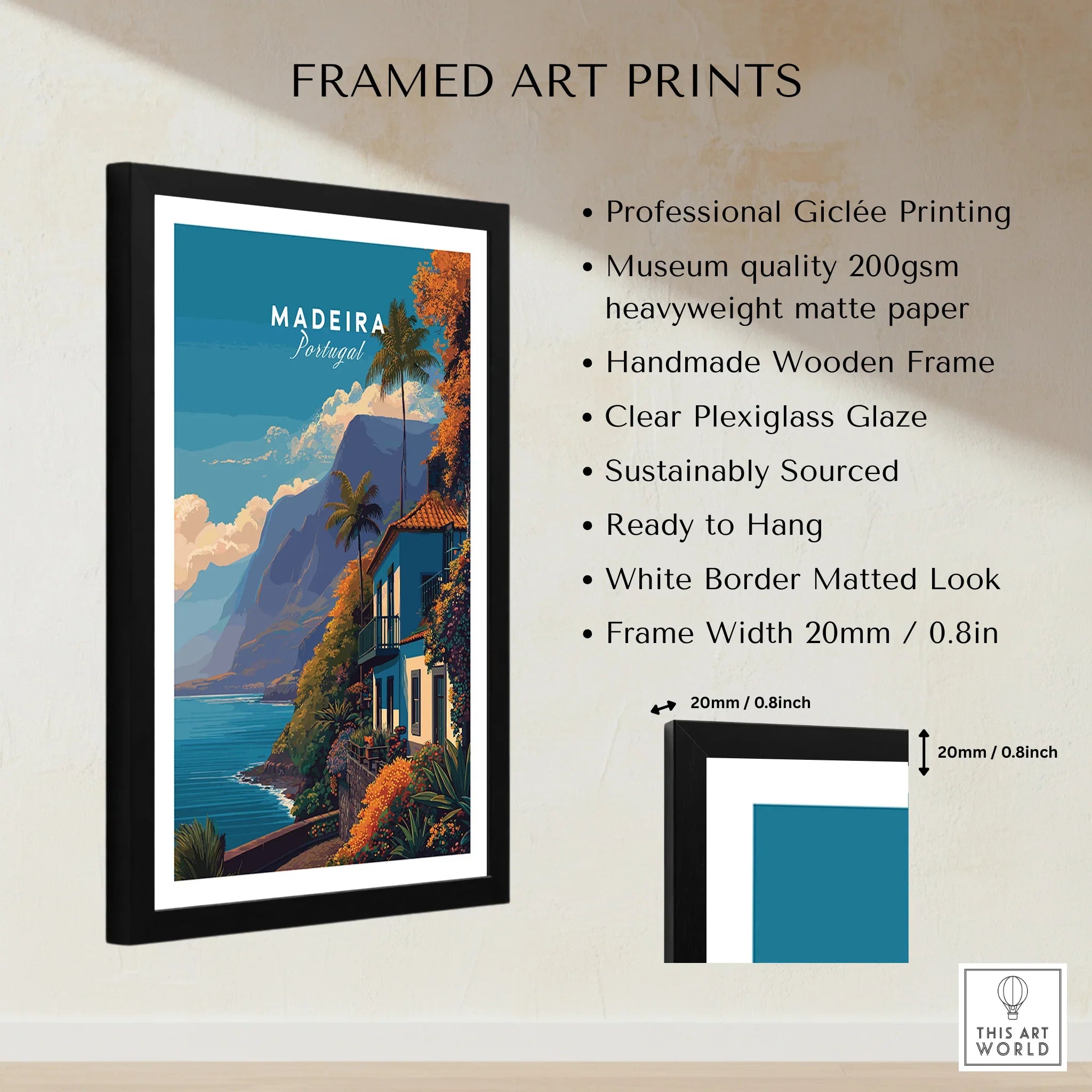 Framed Madeira Portugal travel poster with coastal art print, black wooden frame, wall decor details