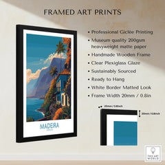 Madeira framed travel poster with coastal view, wooden frame, and product details