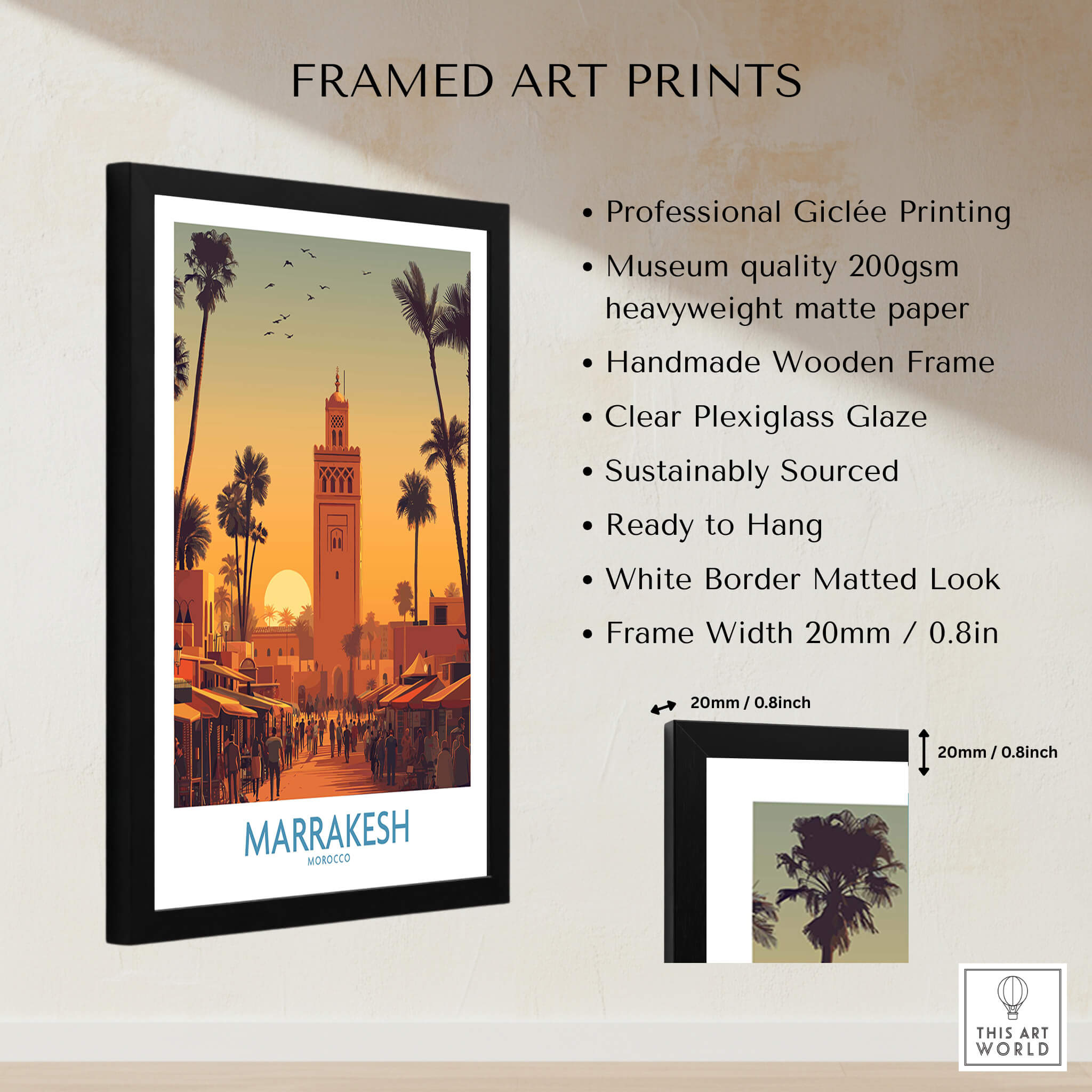 Marrakesh Morocco Posters | Historic Medina Sunset Canvas Print in a framed art display with details.