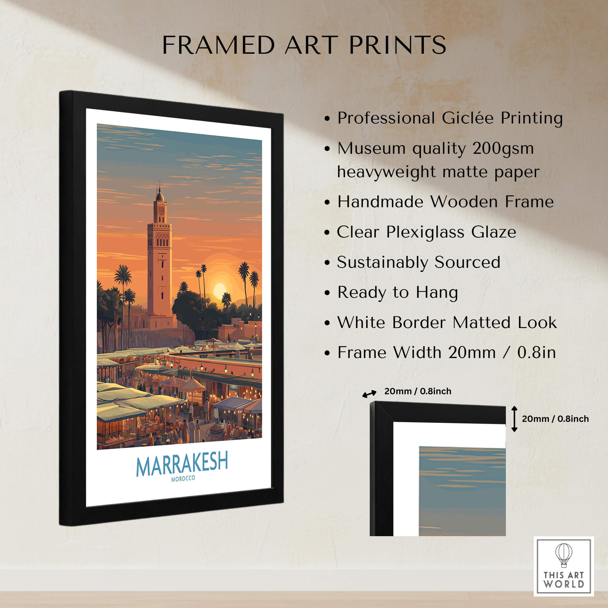 Marrakesh Morocco Canvas Art Print | Jemaa el-Fnaa Market Scene Poster framed art print with a wooden frame.