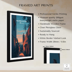 Marrakesh Morocco Travel Poster | Medina Alleyway Twilight Wall Art Print with handmade wooden frame and professional giclée printing.