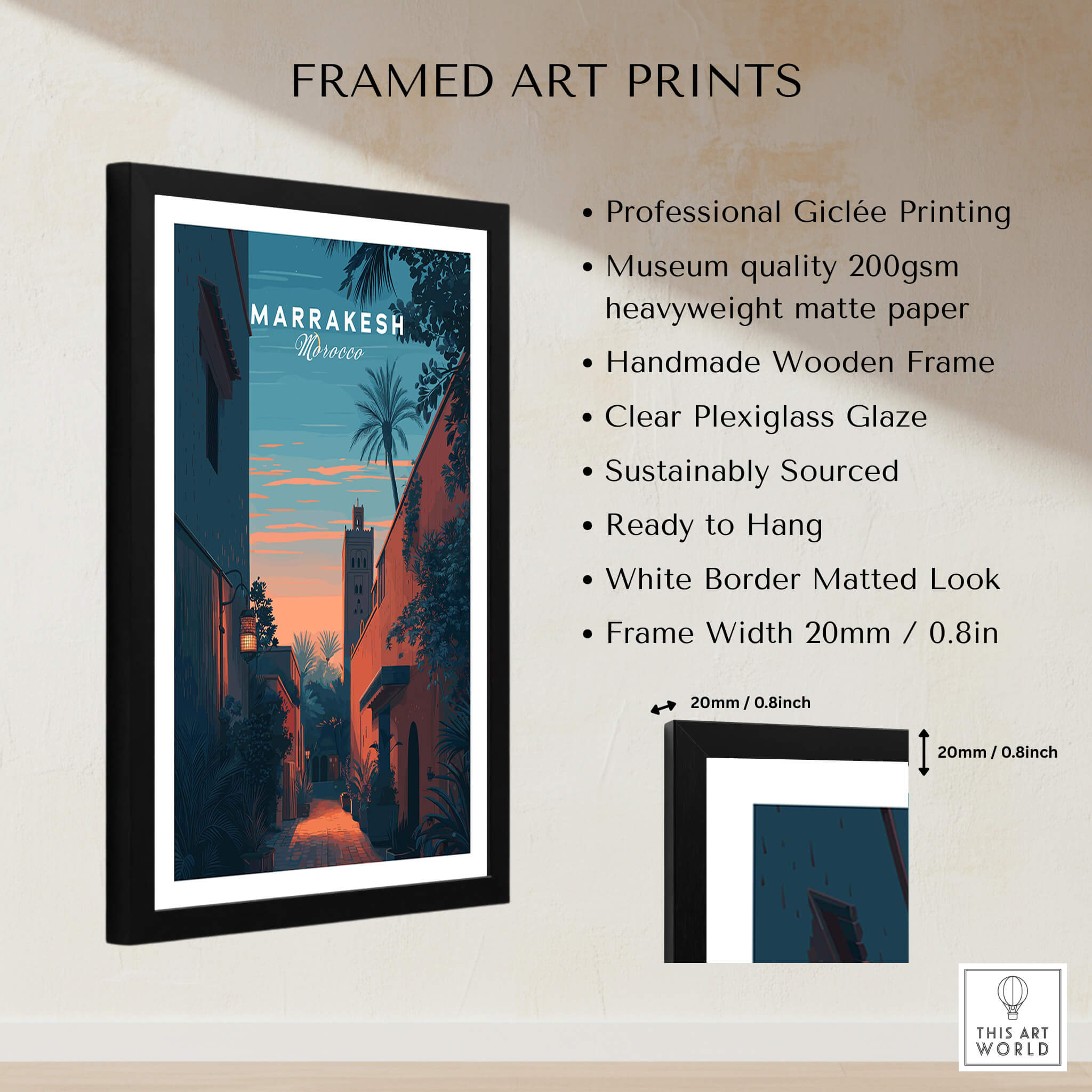 Marrakesh Morocco Travel Poster | Medina Alleyway Twilight Wall Art Print with handmade wooden frame and professional giclée printing.