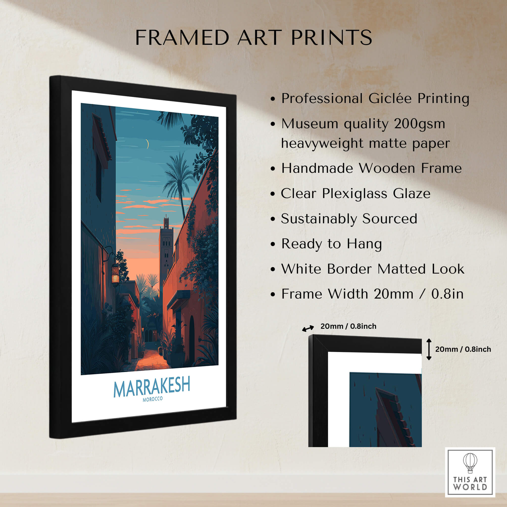 Marrakesh Morocco Canvas Print | Cityscape Poster framed art print showcasing a vibrant street scene at twilight.