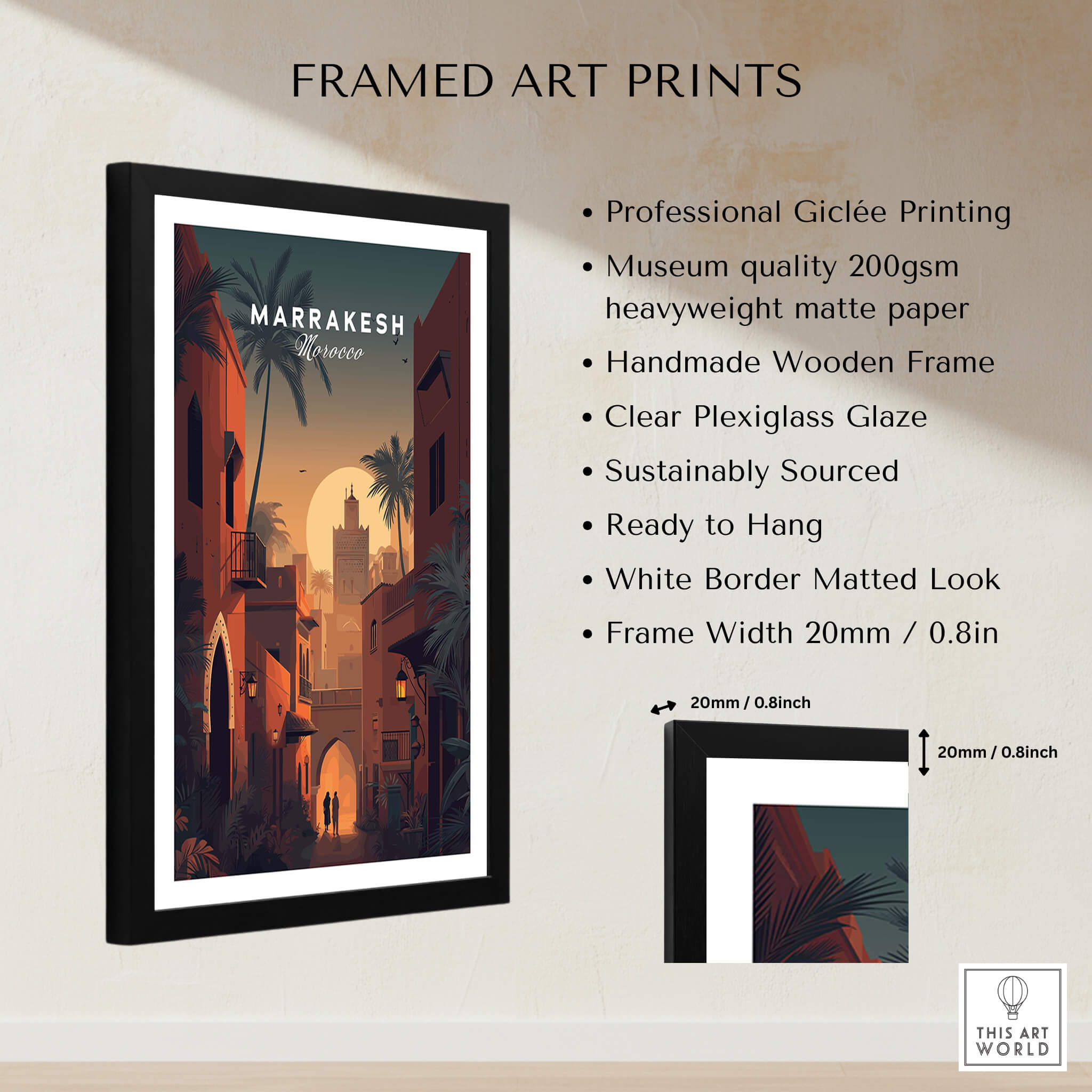 Marrakesh Morocco Wall Art Print | Sunset Medina Alleyway Travel Poster featuring professional giclee printing and wooden frame.