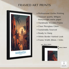 Marrakesh Morocco Poster | Romantic Moroccan Twilight Canvas Print showcases professional giclée printing and a handmade wooden frame.