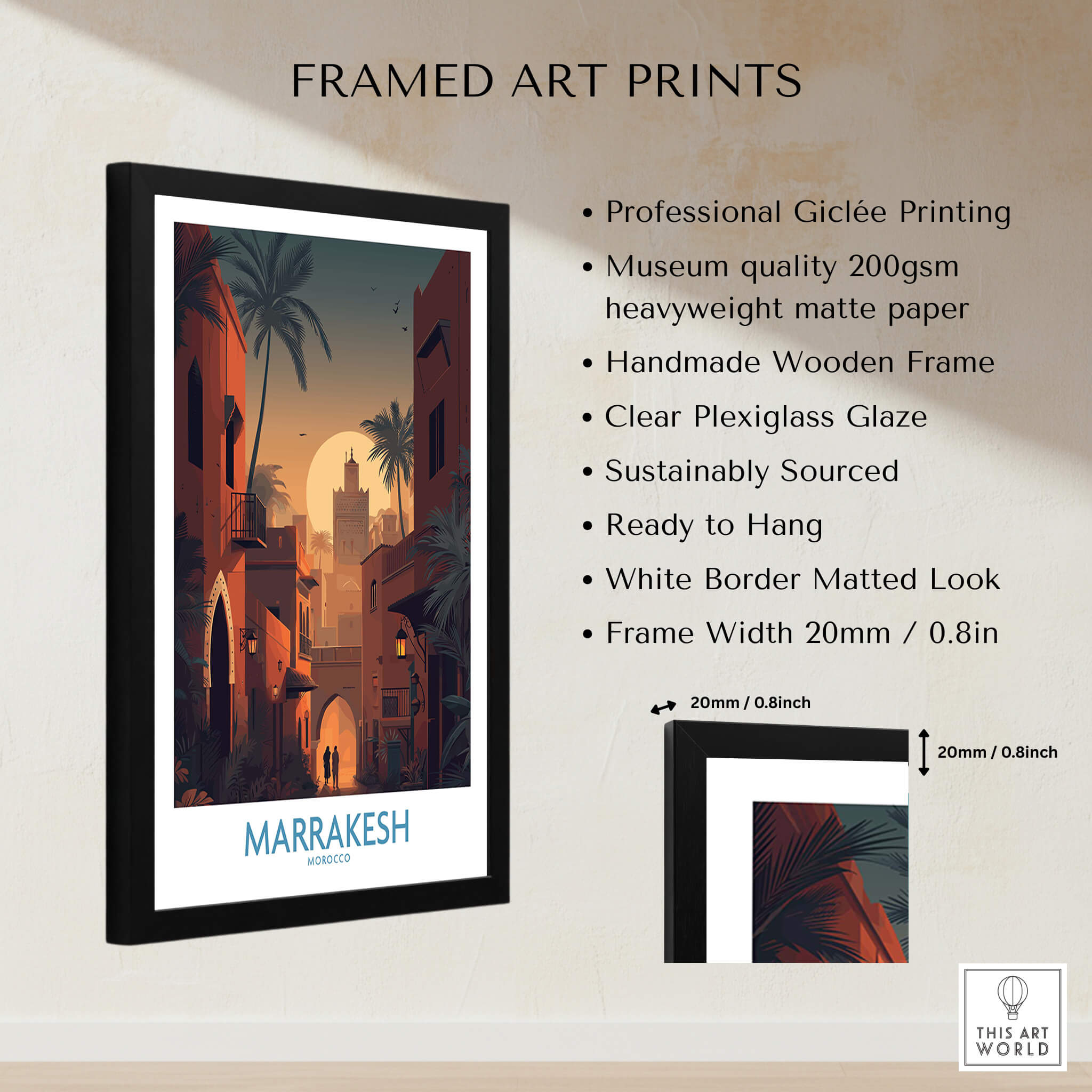 Marrakesh Morocco Poster | Romantic Moroccan Twilight Canvas Print showcases professional giclée printing and a handmade wooden frame.