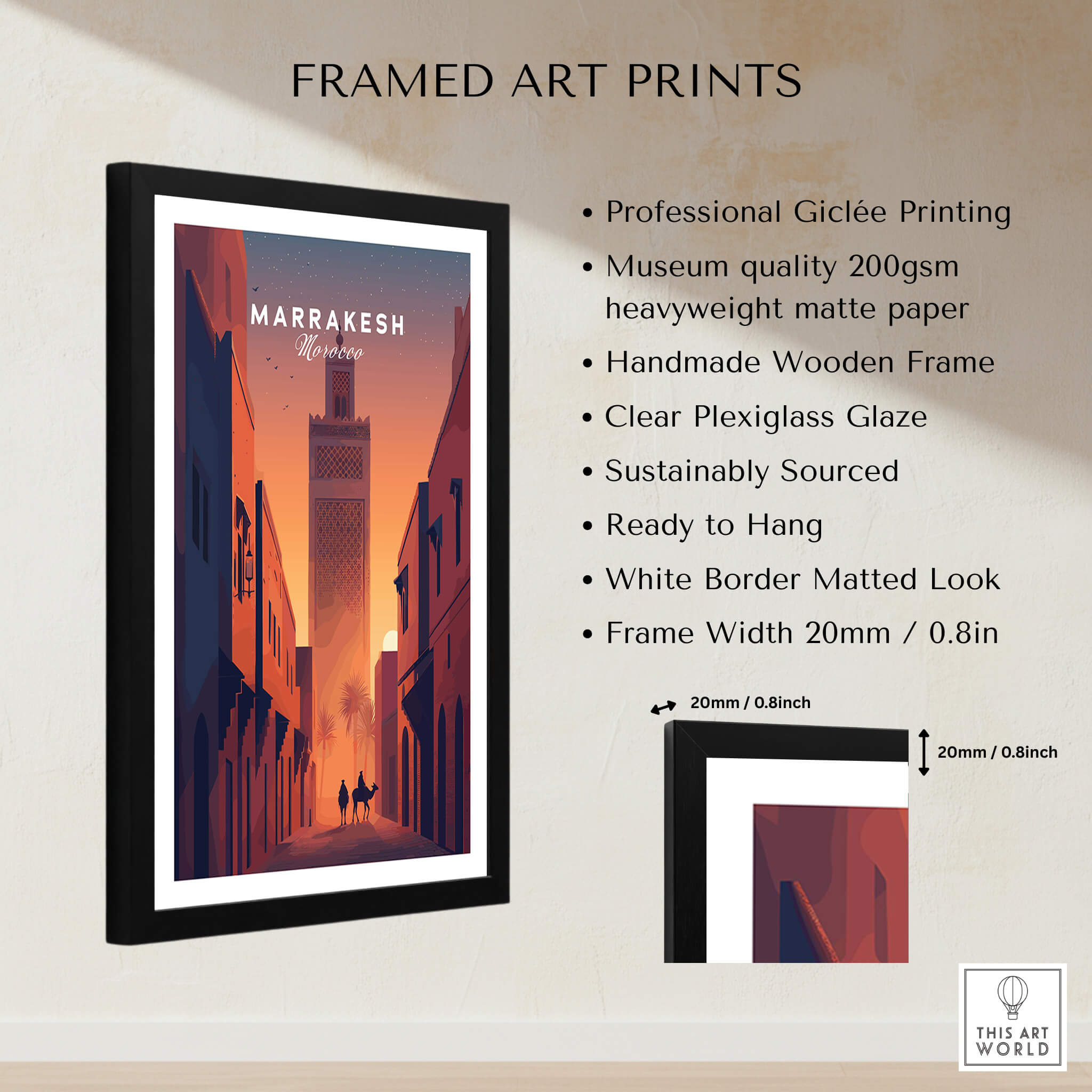 Marrakesh Morocco Travel Poster | Iconic Koutoubia Minaret Wall Art Print framed art print features museum quality design.