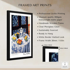 Matisse Art Prints - Still Life Blue Tablecloth Poster featuring vibrant citrus fruit and teapot in a framed art piece.