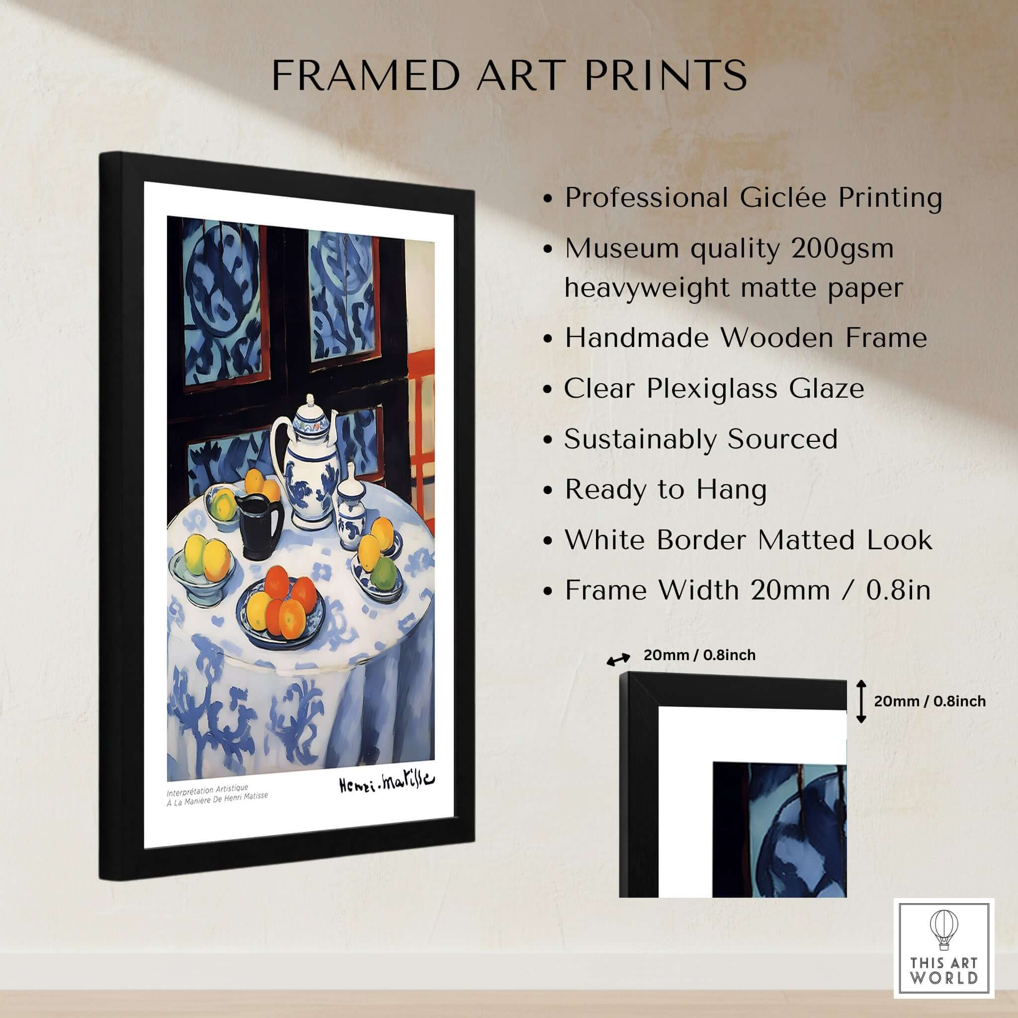 Matisse Art Prints - Still Life Blue Tablecloth Poster featuring vibrant citrus fruit and teapot in a framed art piece.