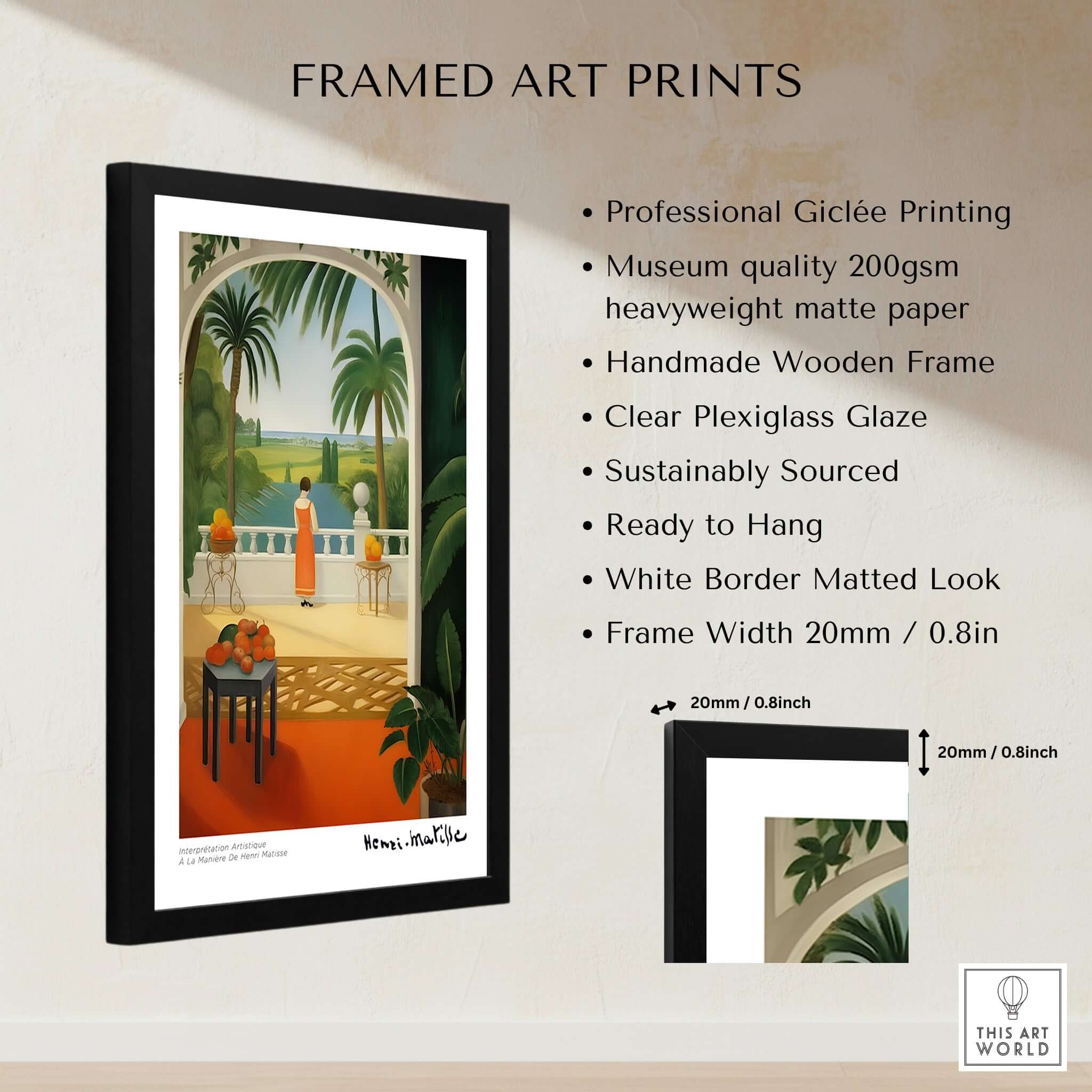 Matisse Art Prints - Woman on Balcony Sea View Poster featuring elegant design and professional Giclée printing in a framed display
