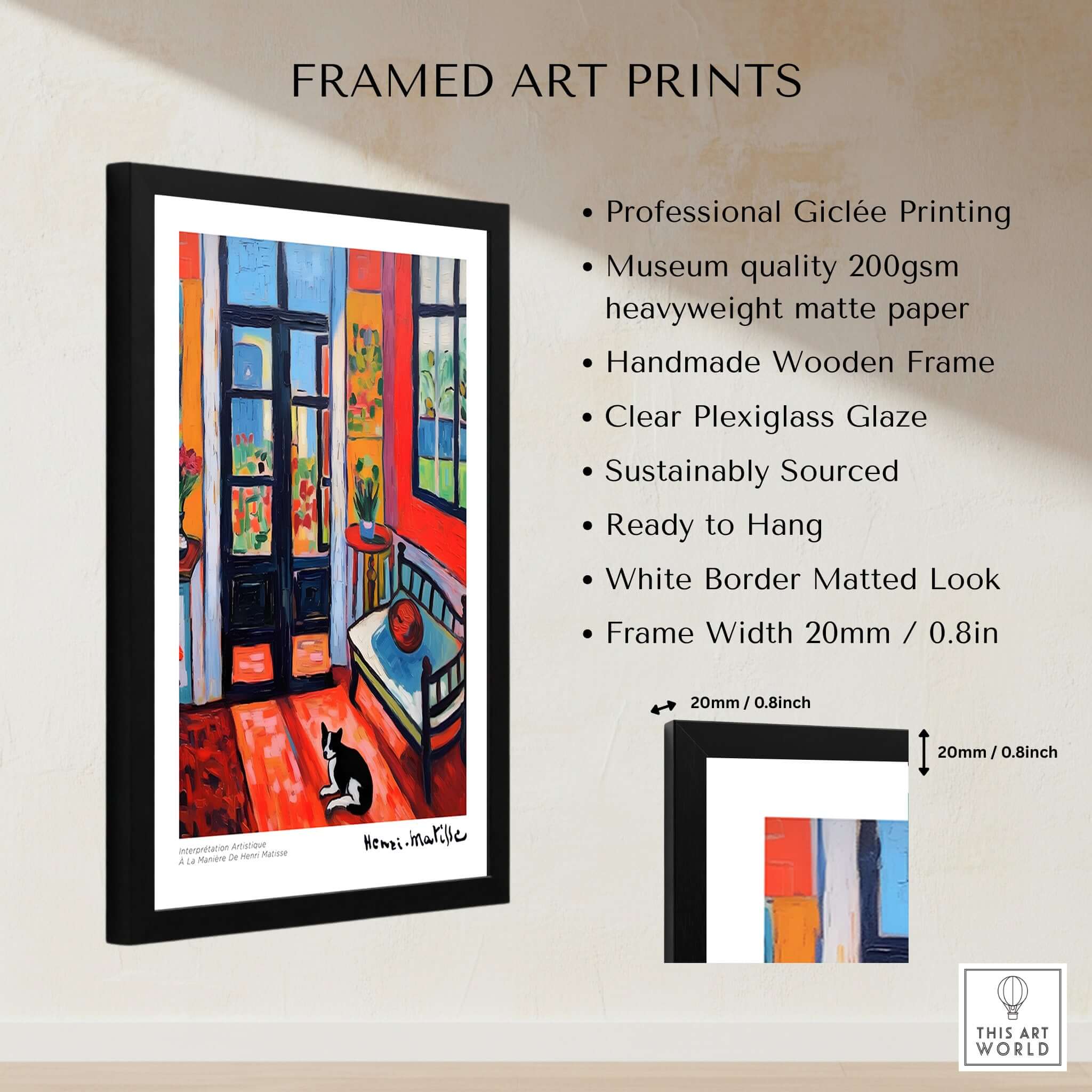 Matisse Art Prints - Interior with Cat and Open Door Poster, framed art featuring vibrant colors and a cat.