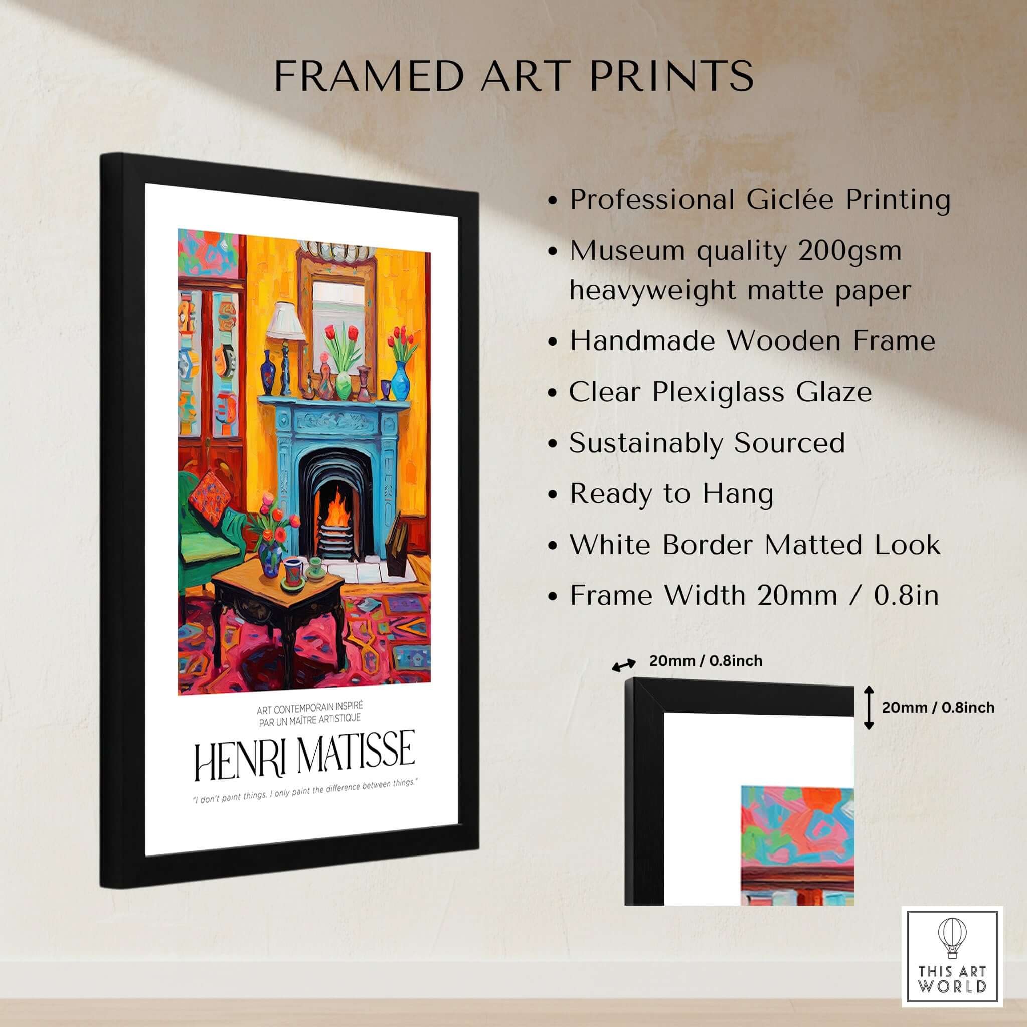 Matisse Art Prints - Cozy Fireplace Interior Poster showcasing a vibrant interior with a fireplace and armchair.