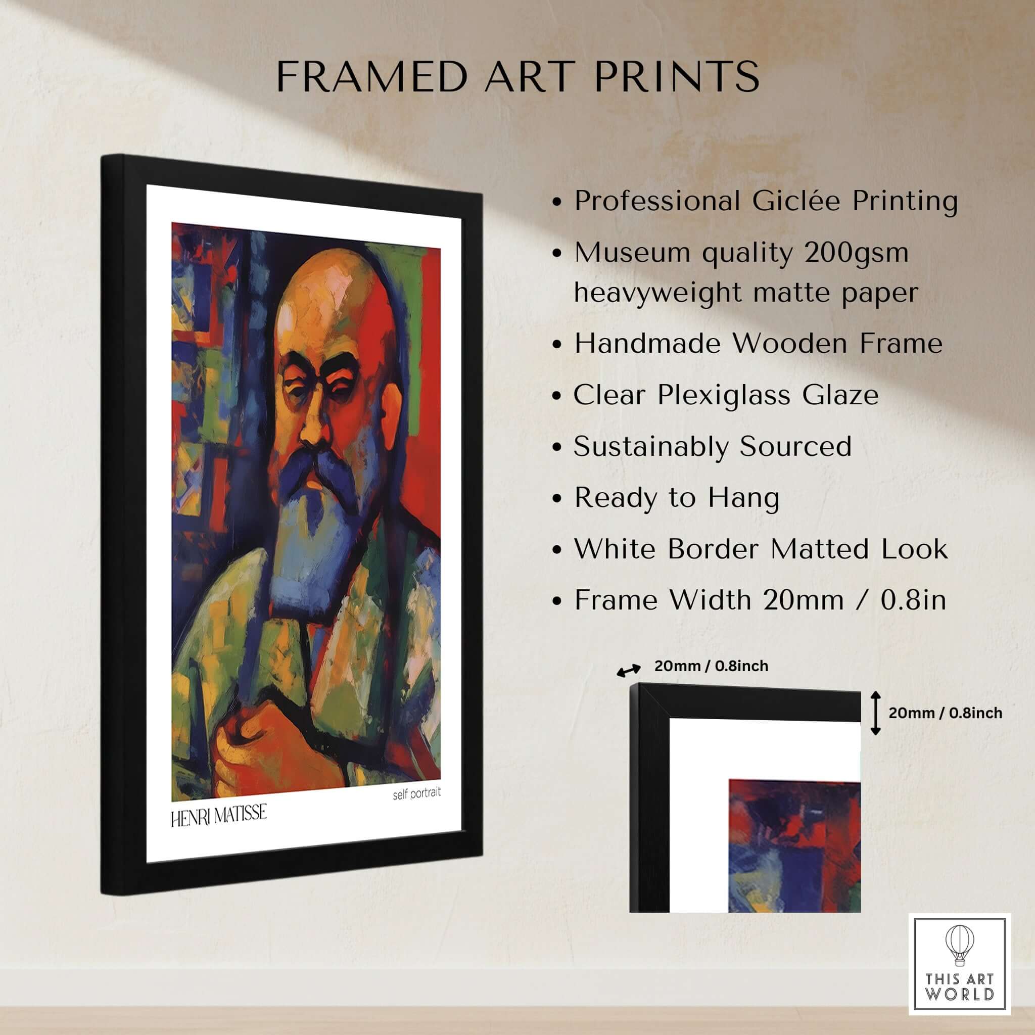 Matisse Art Prints - Fauvist Self Portrait Art Print, framed, features a colorful self-portrait of Henri Matisse.