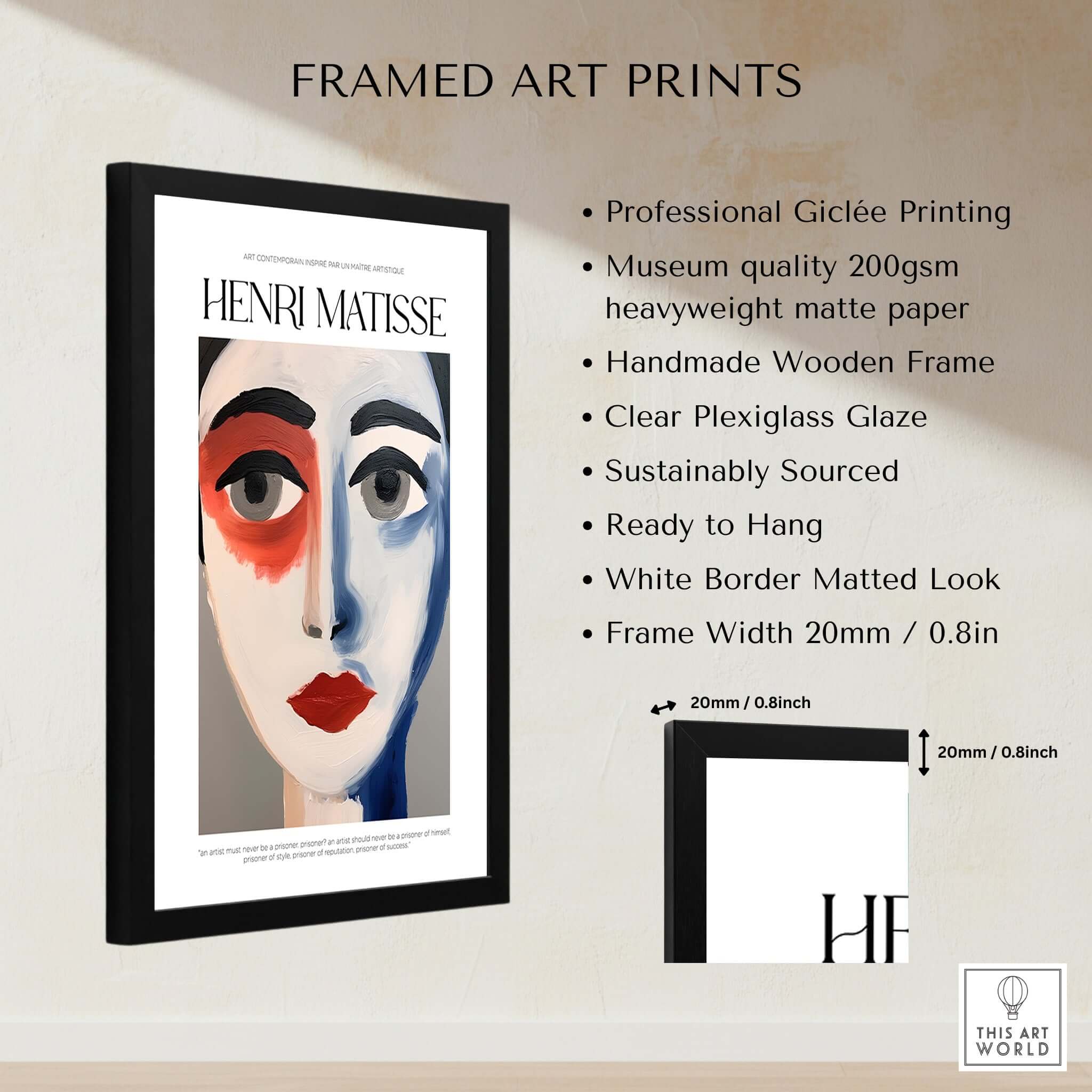 Matisse Art Prints - Abstract Face Portrait Poster framed art print with giclée printing and wooden frame.
