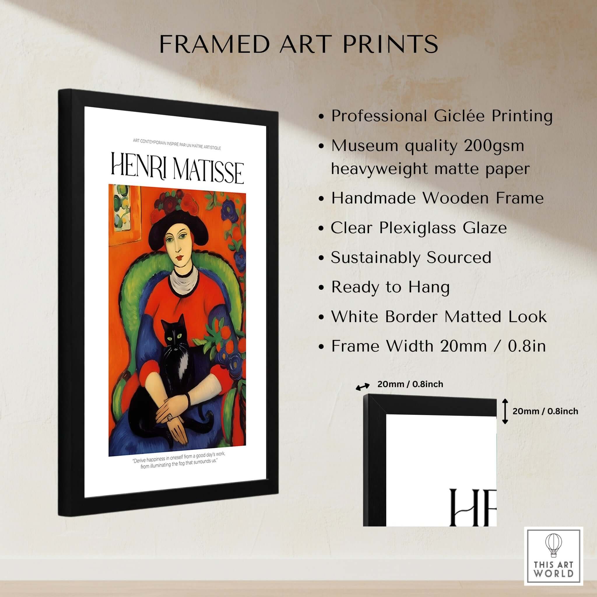 Matisse Art Prints - Woman with Black Cat Interior Poster framed with professional giclée printing and wooden frame.