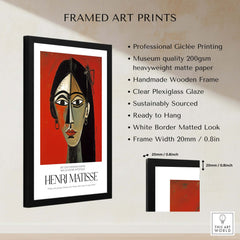 Matisse Art Prints - Stylized Woman Portrait Red Wall Art with frame and specifications for display