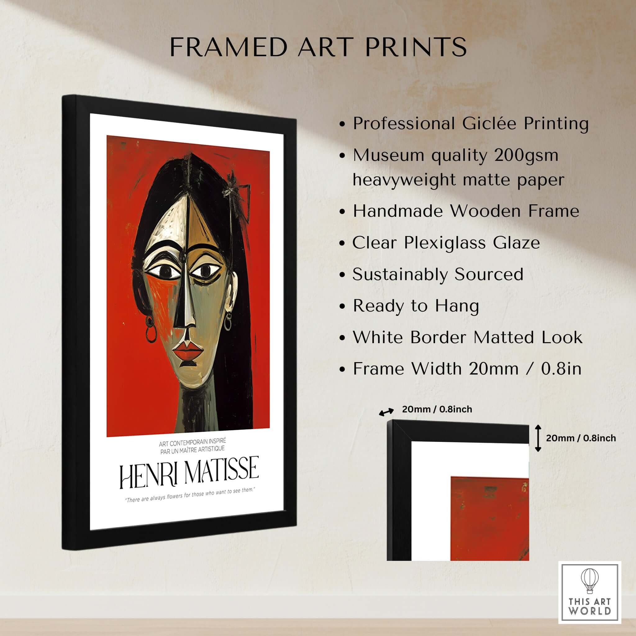 Matisse Art Prints - Stylized Woman Portrait Red Wall Art with frame and specifications for display