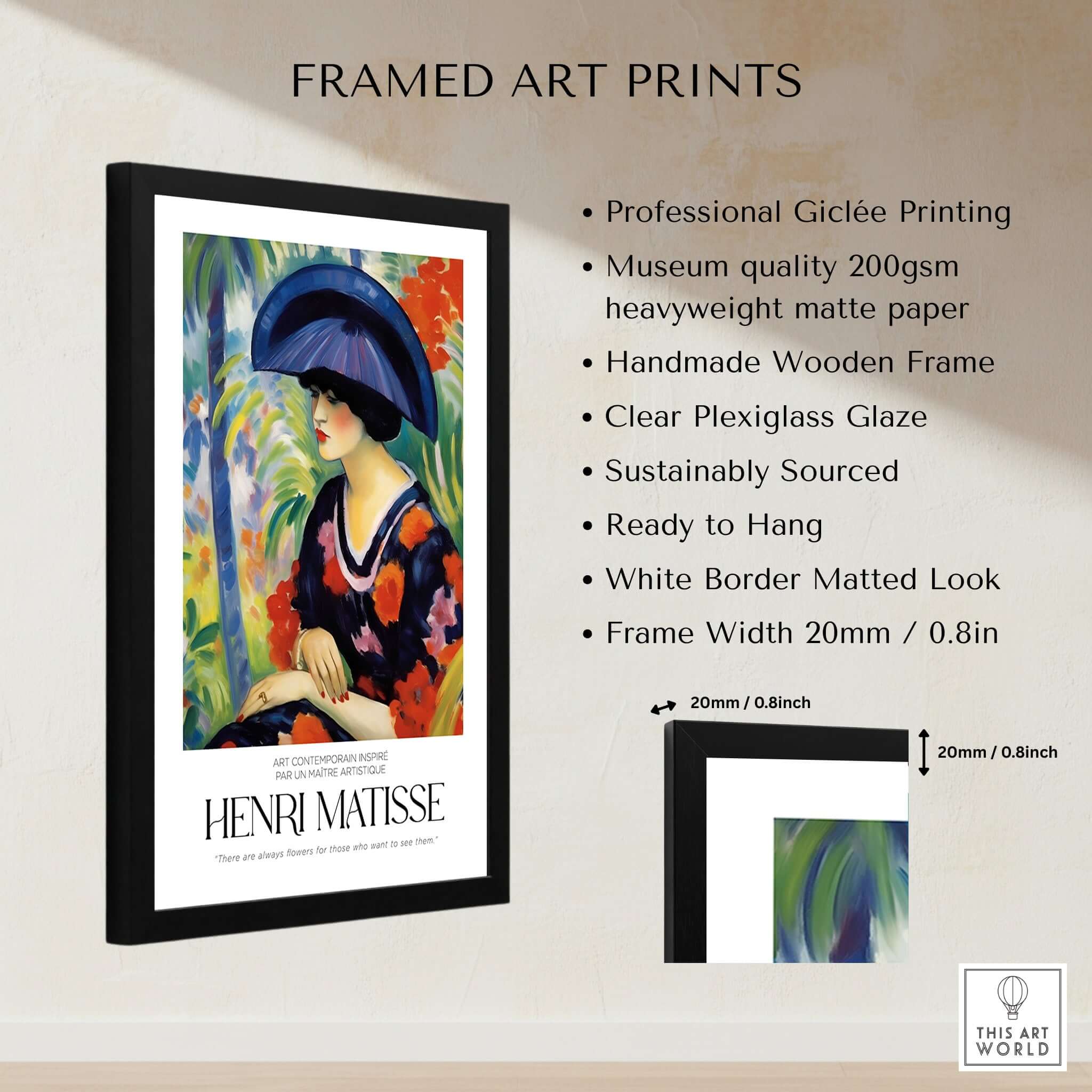 Matisse Art Prints - Woman with Blue Hat Garden Poster framed with professional giclée printing and clear plexiglass.