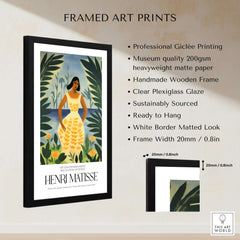 Matisse Art Prints - Woman Tropical Leaves Art Print framed on a wall with vibrant colors and stylish profile portrait.