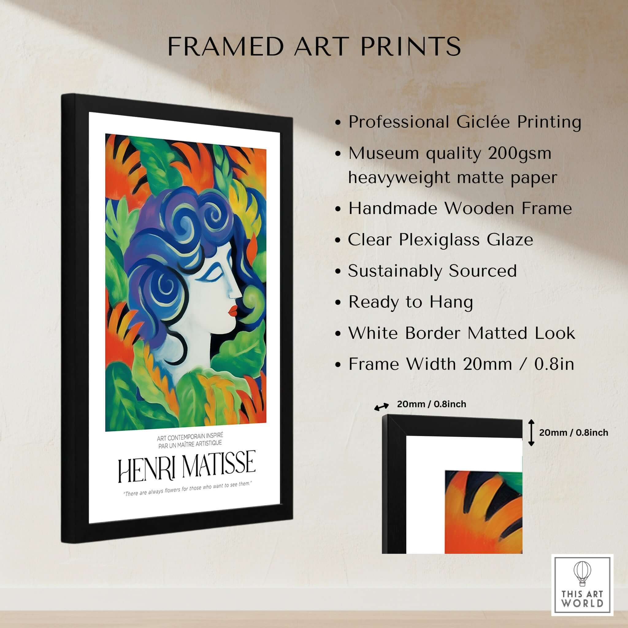 Matisse Art Prints - Woman with Flowers Abstract Art Print framed artwork showcasing vibrant colors and a unique design.