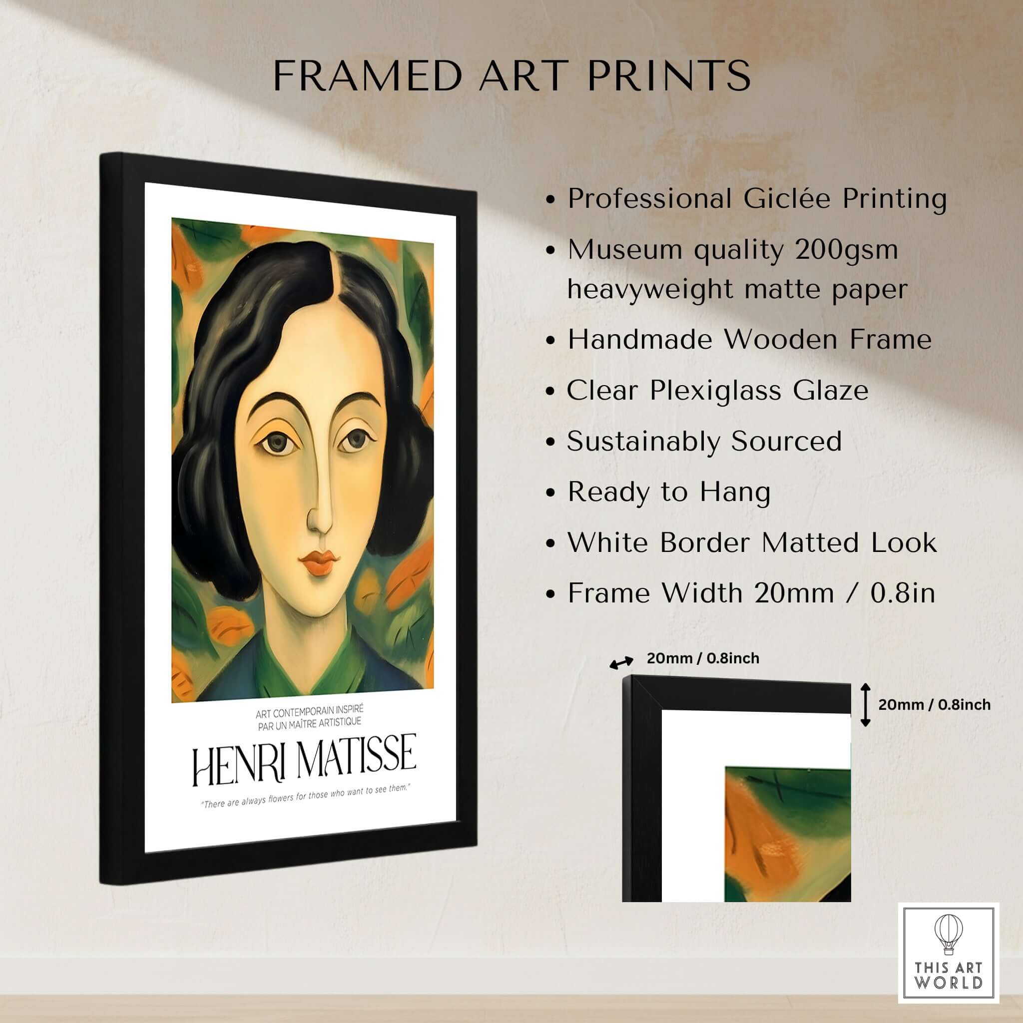 Matisse Art Prints - Woman Portrait Wall Art featuring framed artwork of a woman with dark hair and floral background.